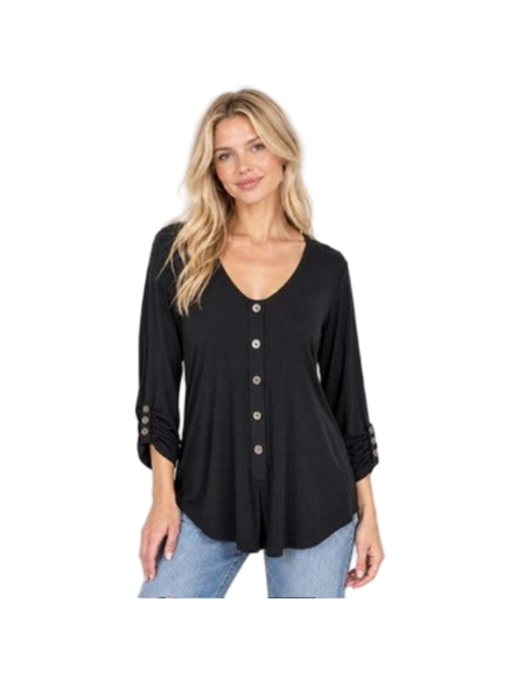 Sympli Duo Diva Top Black Jersey Knit V-Neck Henley Tunic Lagenlook Size 8